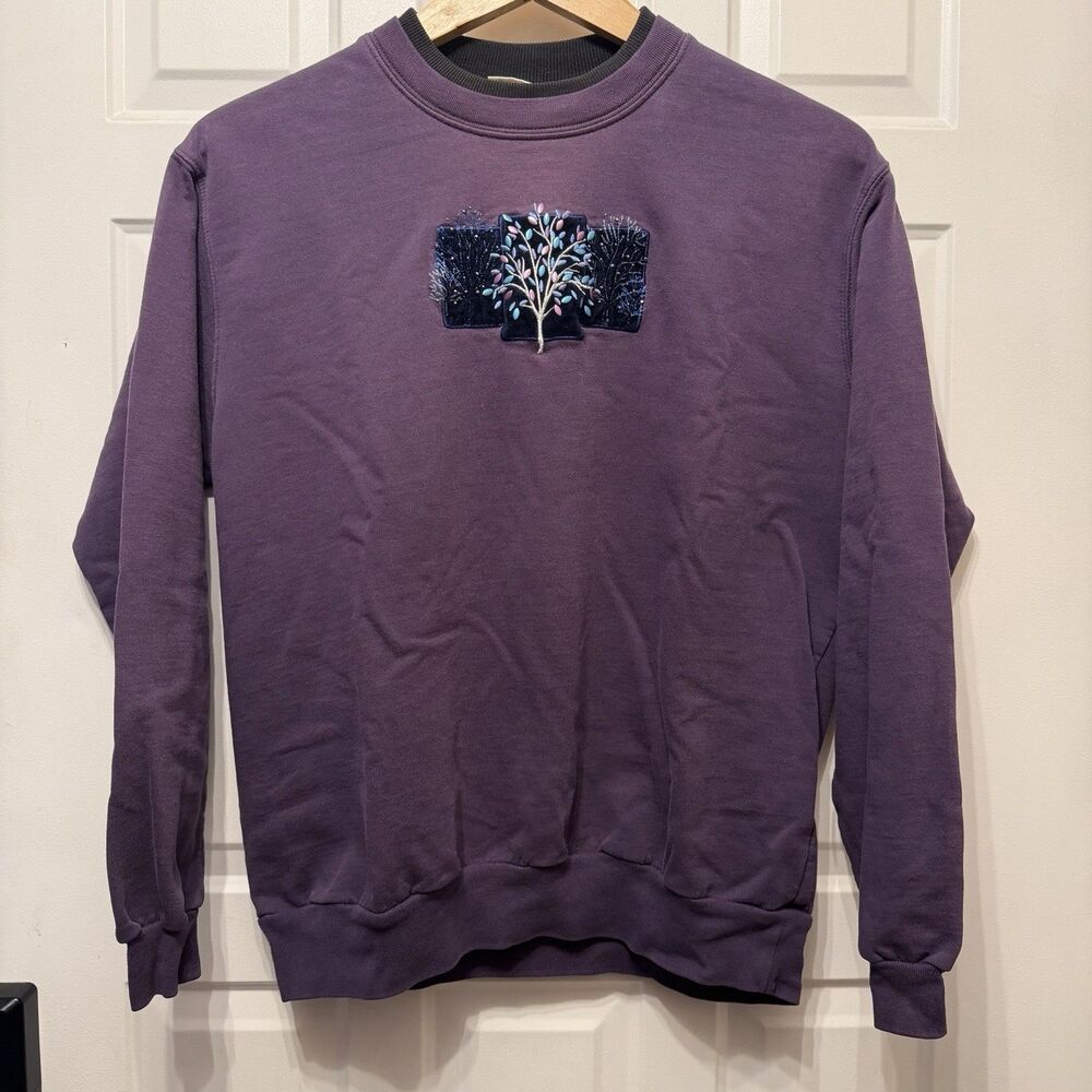 Top Stitch Morning Sun Purple Tree Sweatshirt Womens L Vintage 90s Embroidered